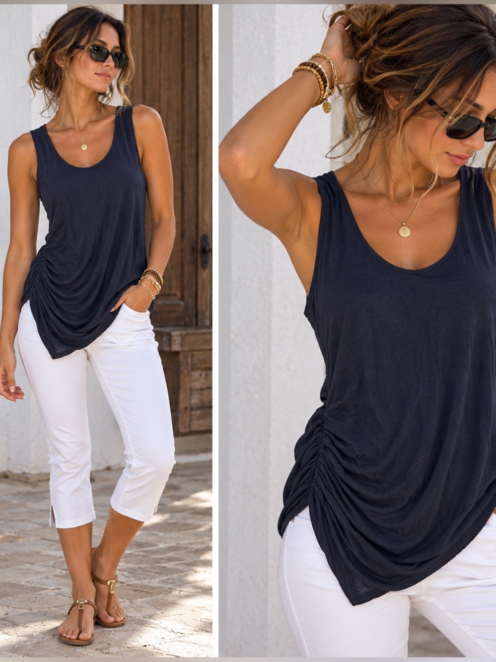 💎MAKE OFFER💎 NWT Tart Navy Side Ruched Tank Top Silk Modal Blend SZ Large